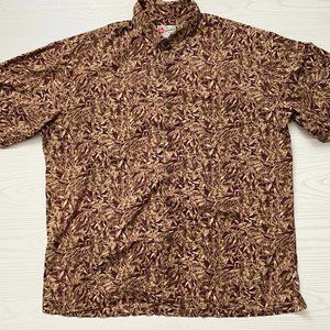 Vintage Hilo Hattie Men's Hawaiian Shirt 2XL Cotton Red Tan Leaves Button Up